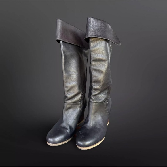 Ugg RAVENNA Black Tall Wedge Fall Winter Leather Cuffed Knee Boot - Size 8.5 - Picture 2 of 10